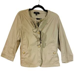 Women’s Size 6 Talbots Khaki Ruffle Stretch Neutral Button Jacket 3/4 Sleeve EUC
